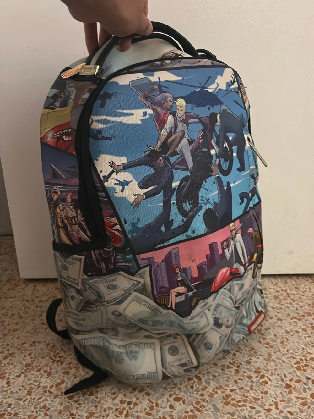 Graphic Adventure Print Backpack in Blue and Black